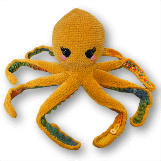 yellow crochet fidget octopus with large eyes
